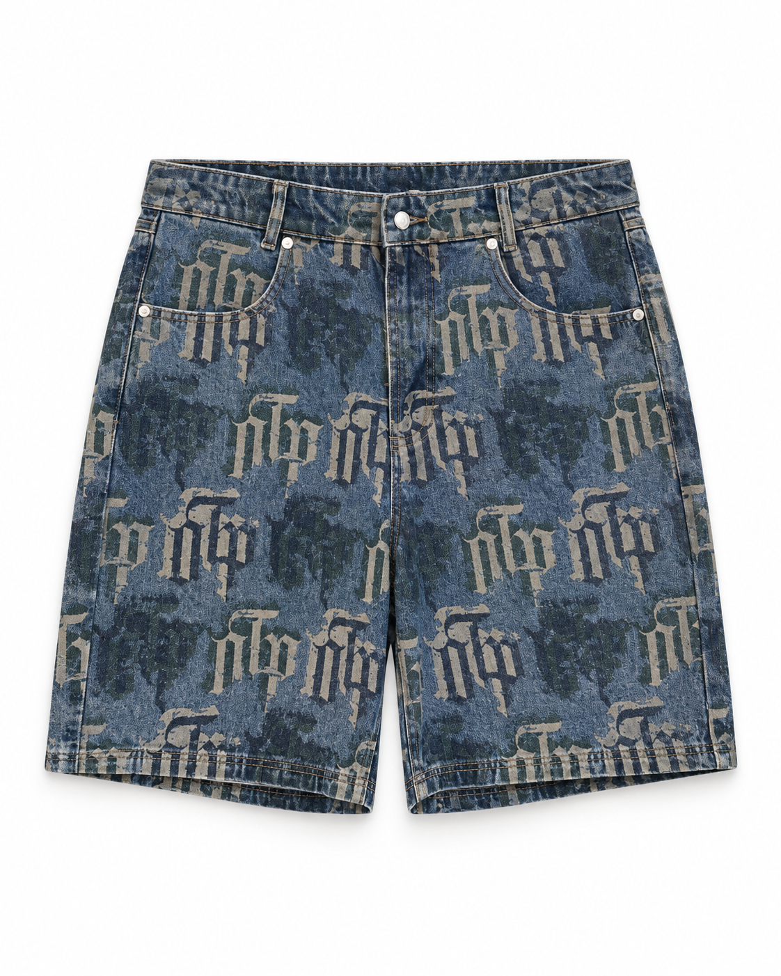 Off The Pitch - Fraktur Printed Denim Shorts