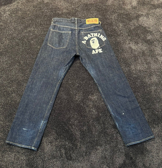 A Bathing Ape White Back College Logo Jeans